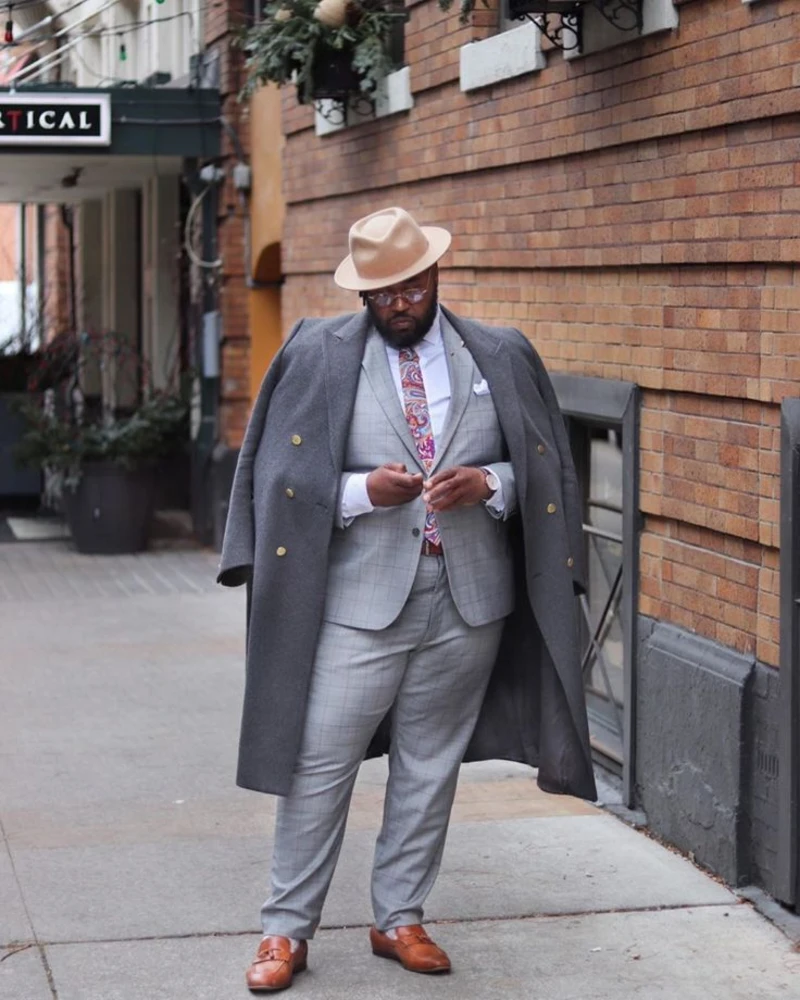 Grey Overcoat and Light Plaid Suit with Fedora