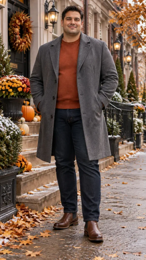 Grey Overcoats and Rust Knits for Urban Travel