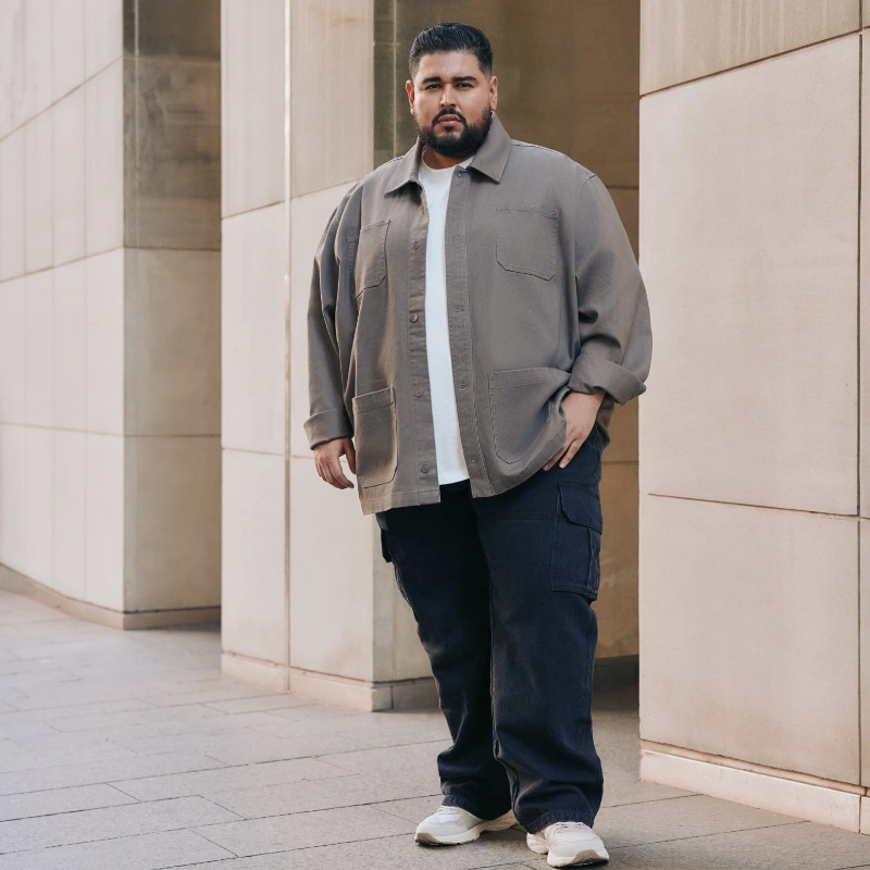 Grey Overshirt, White T-Shirt, and Dark Cargo Pants
