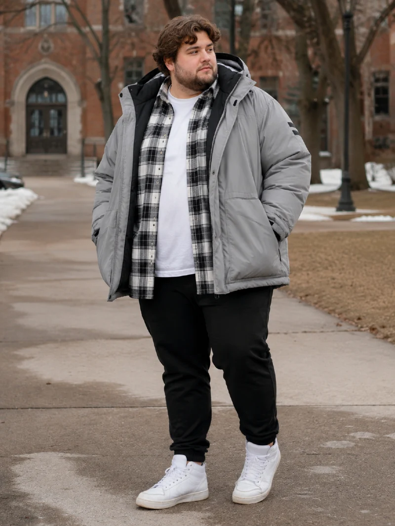 Grey Parka Jacket with Plaid Flannel Shirt and Black Sweatpants