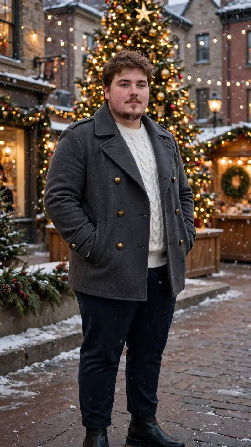 Grey Pea Coat with Cream Cable-Knit Sweater and Navy Chinos