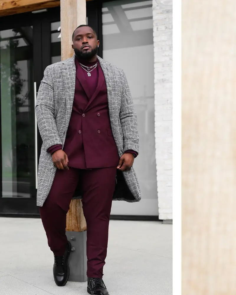 Grey Plaid Overcoat and Double Breasted Burgundy Suit