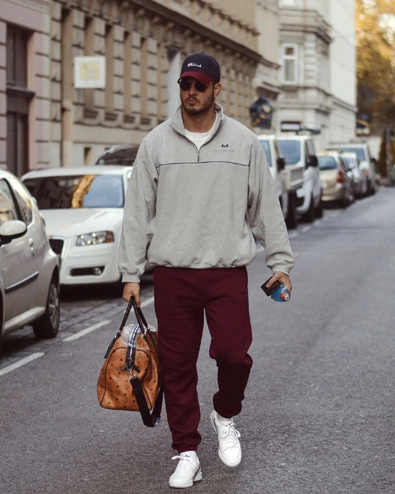 Grey Quarter-Zip Sweatshirt and Burgundy Sweatpants
