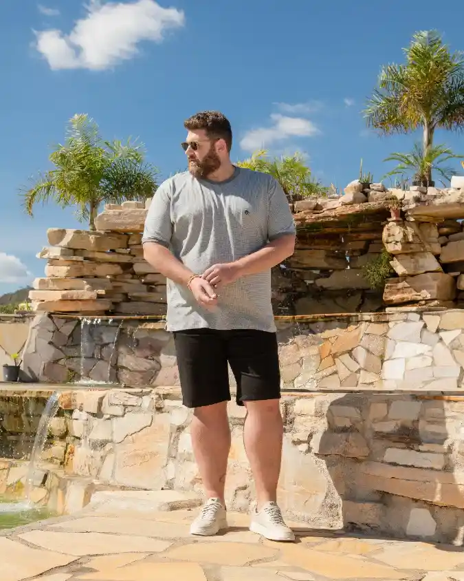 Grey Ringer T-Shirt and Black Shorts
