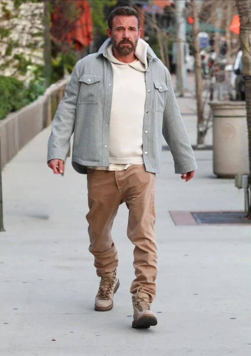 Grey Shirt Jacket and Tan Pants