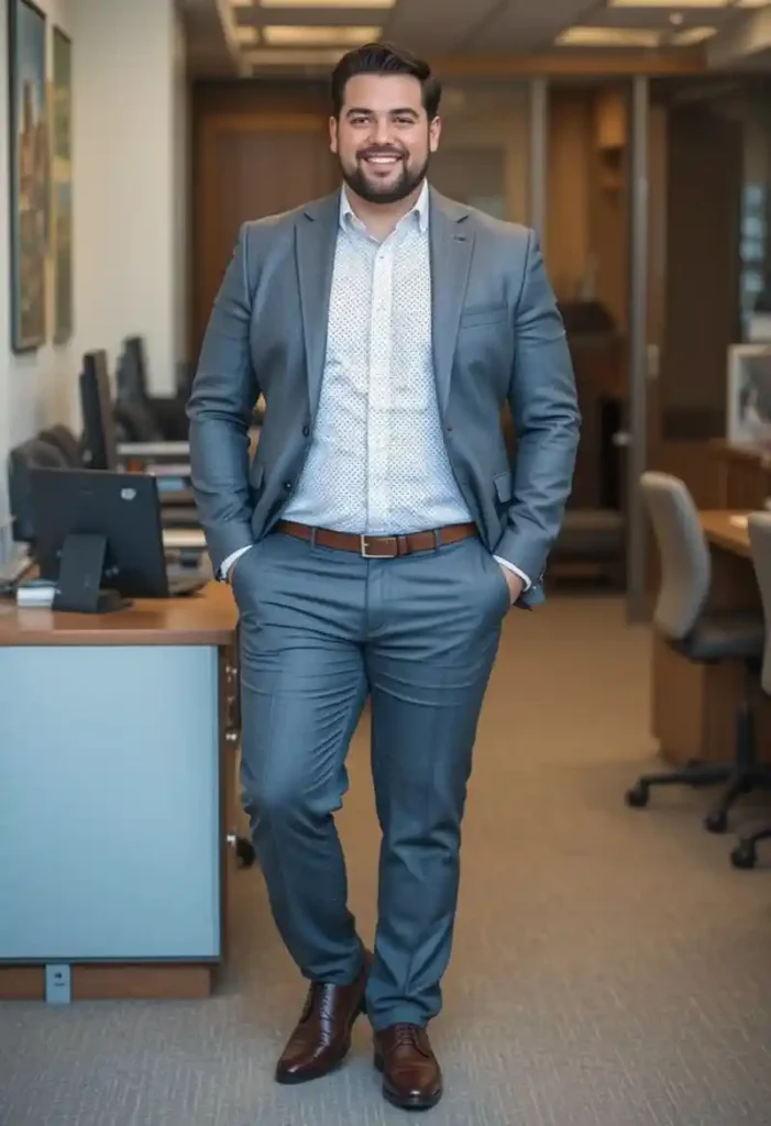 Grey Suit, Patterned Shirt, and Leather Shoes