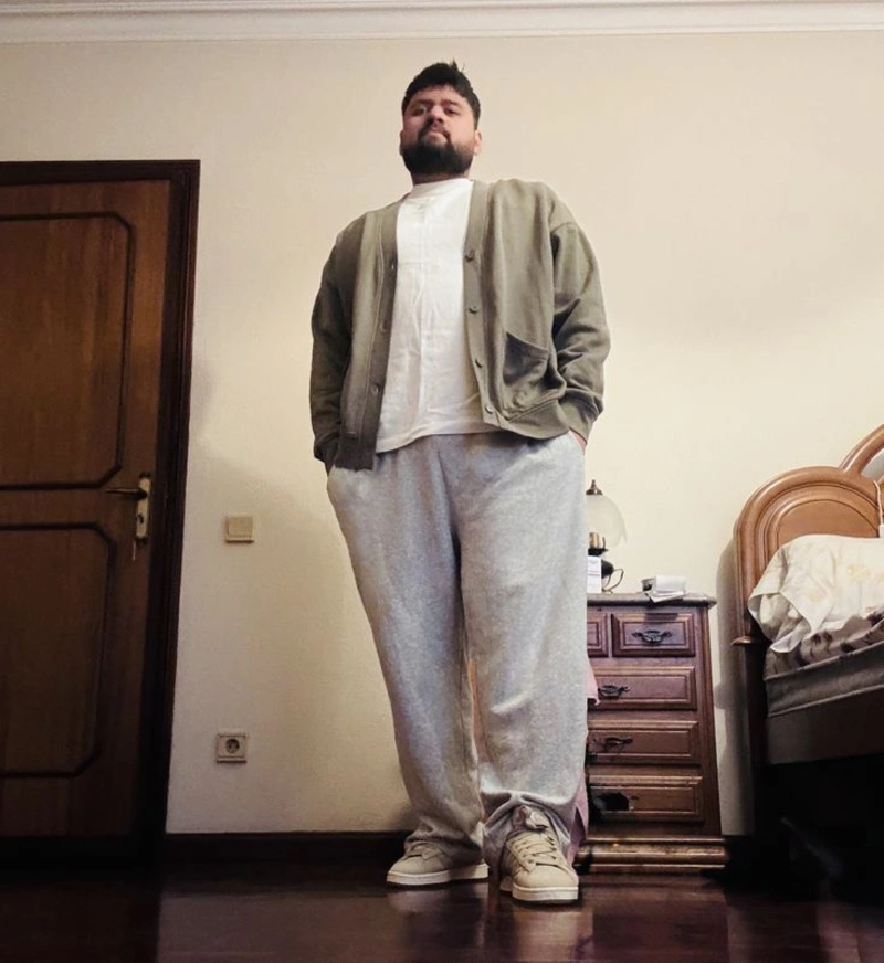 Grey Sweatpants and Olive Cardigan