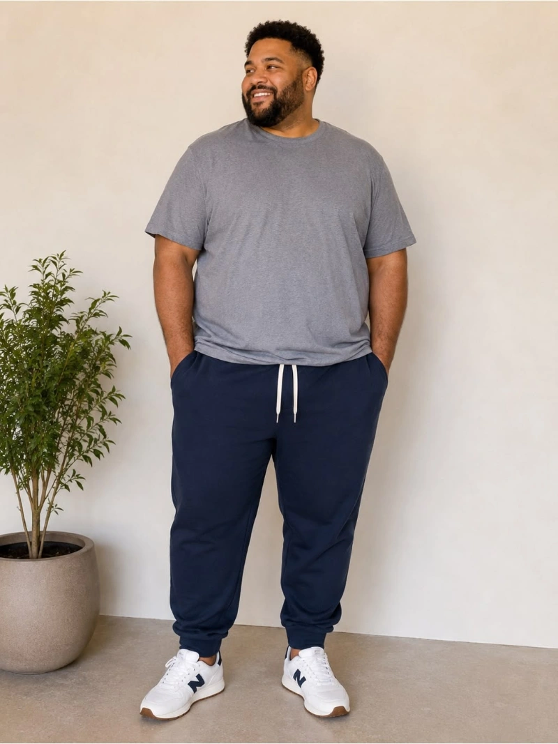 Grey T-Shirt and Navy Blue Sweatpants