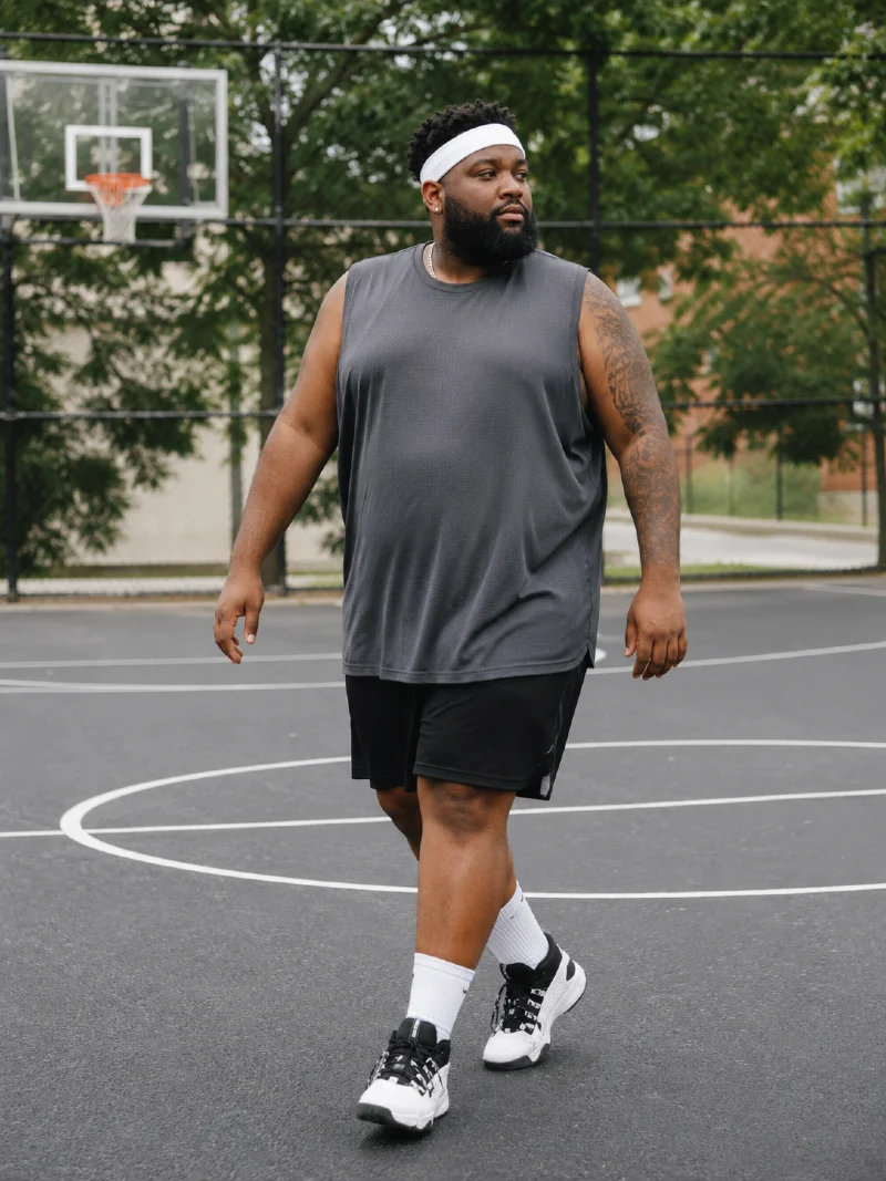 Grey Tank Top and Black Athletic Shorts