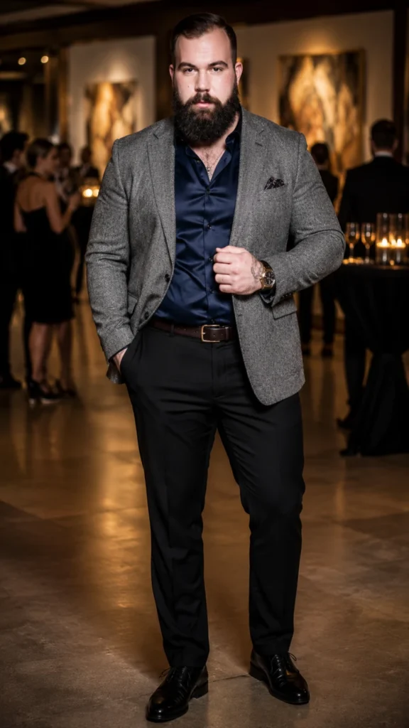 Grey Textured Blazer and Silk-Sheen Dress Shirt