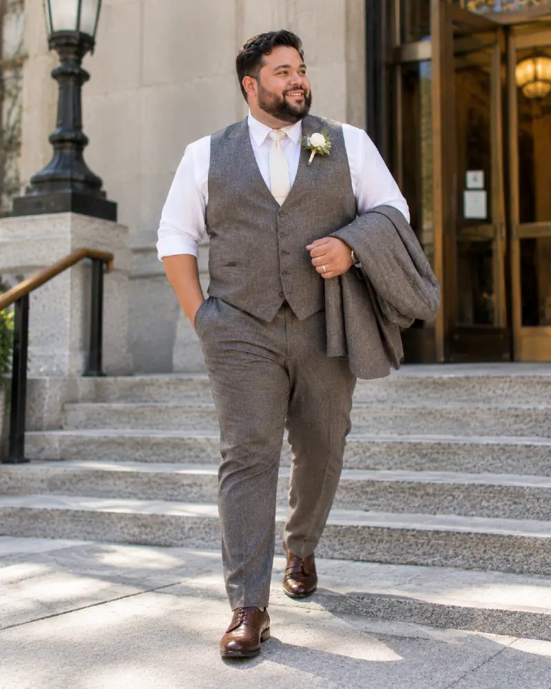 Grey Textured Three Piece Suit with Rolled Sleeves