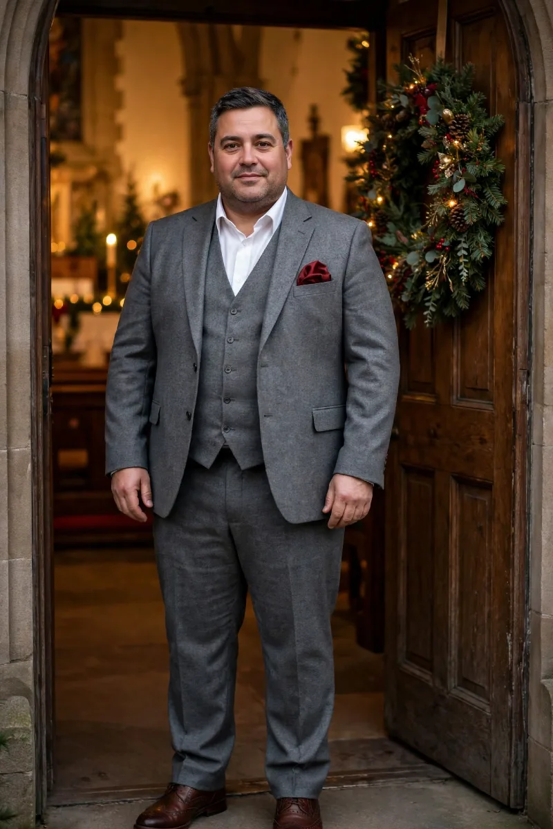 Grey Three-Piece Suit with White Dress Shirt, Burgundy Pocket Square, and Brown Brogue Shoes