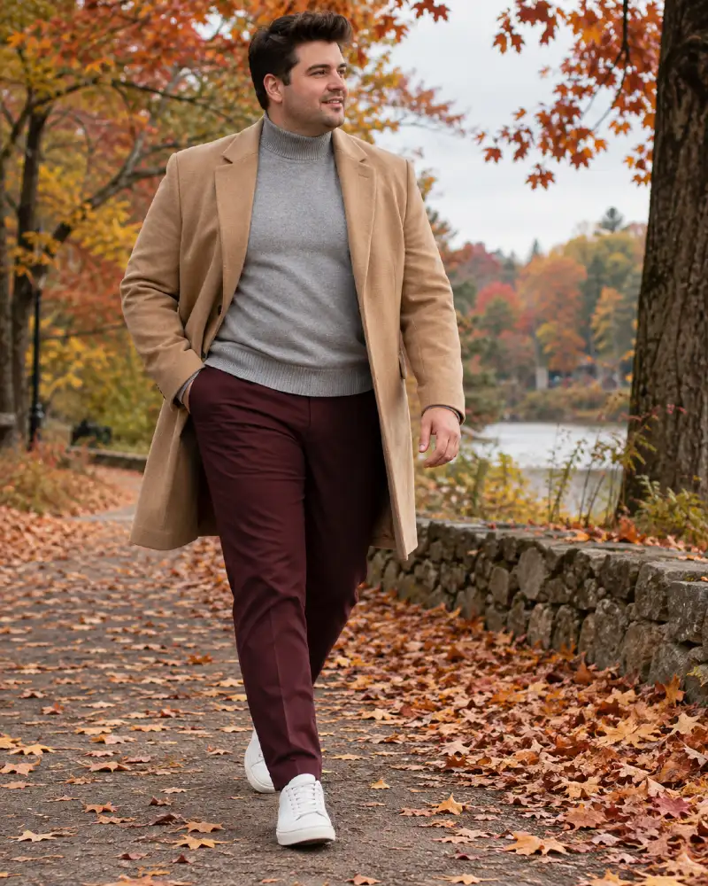 Grey Turtleneck Under a Camel Overcoat