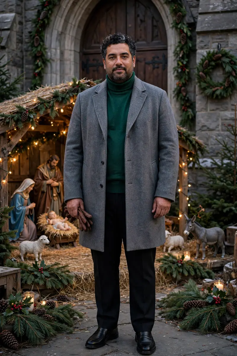 Grey Wool Overcoat with Emerald Green Turtleneck Sweater, Black Dress Trousers, Brown Leather Gloves, and Black Penny Loafers