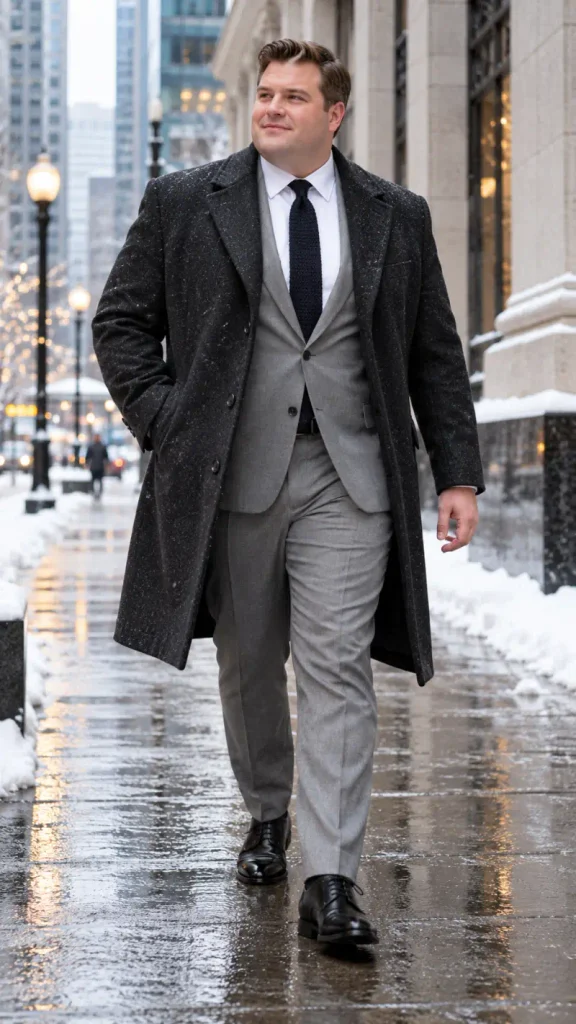 Heavy Black Overcoat and Tailored Grey Suit