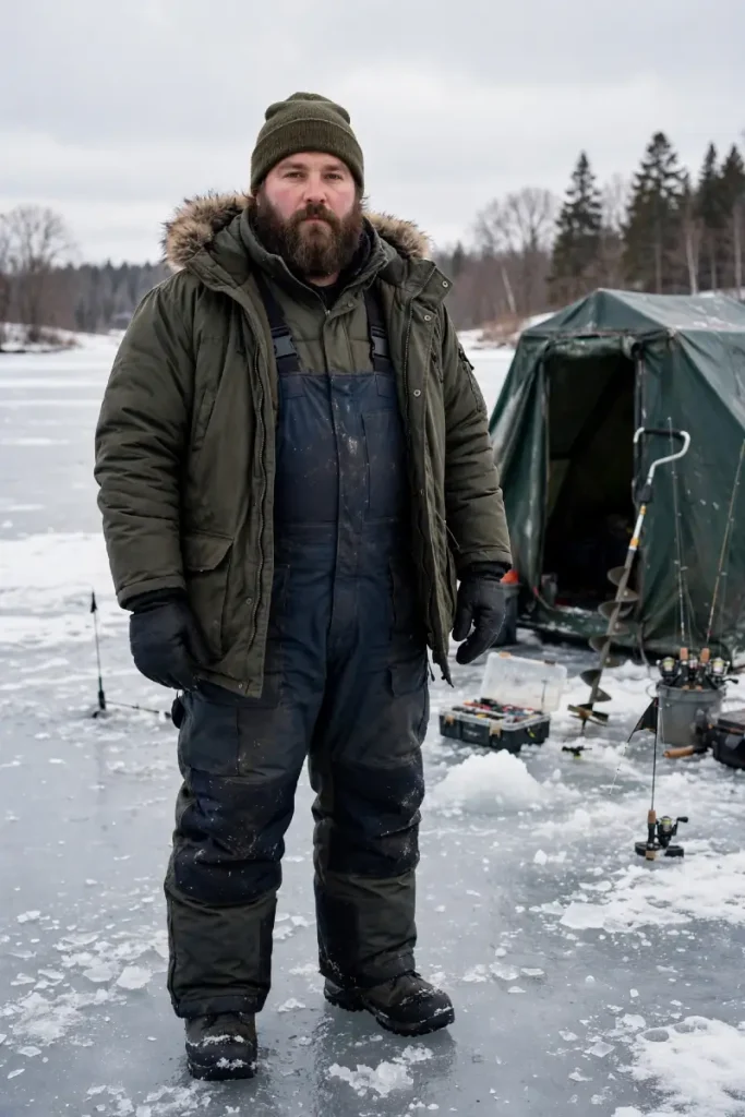Heavy Duty Overalls Anchoring an Open Olive Parka