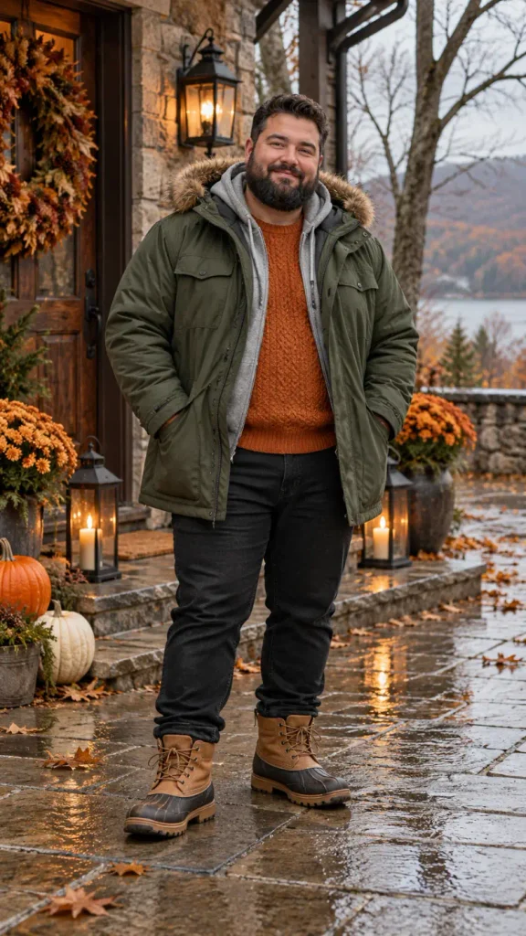 Heavy Olive Parkas and Textured Rust Knits for Wet Weather