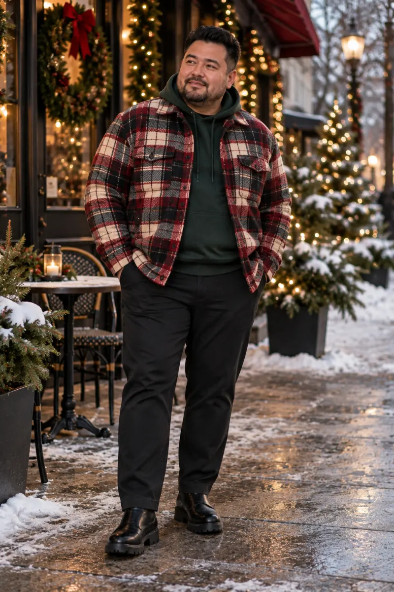 Heavy Plaid Shirt Jacket over Dark Pullover Hoodie