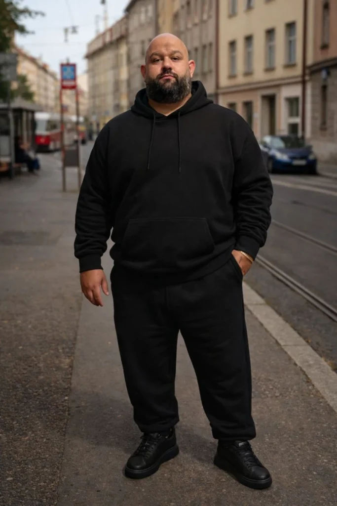 Heavyweight Black Sweat suit With Leather Sneakers