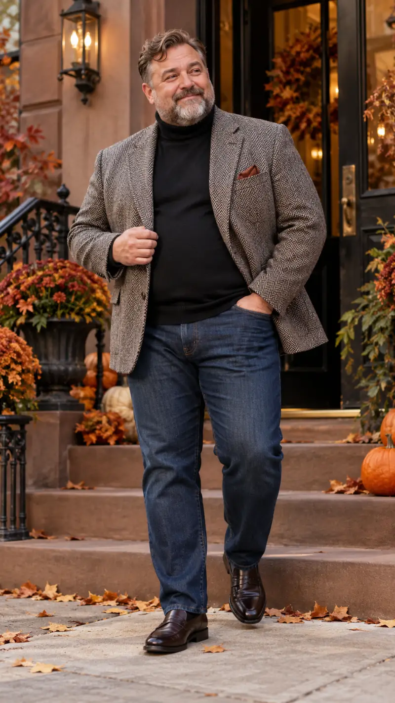 Herringbone Tweed Blazer, Black Turtleneck Sweater, Dark Blue Jeans, and Brown Leather Loafers