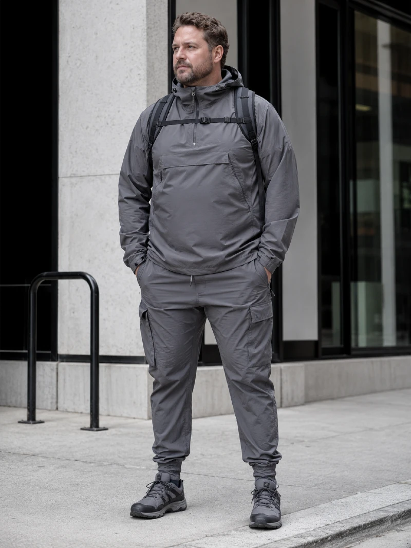 Hooded Anorak Jacket, Cargo Joggers, Backpack, and Trail Running Shoes