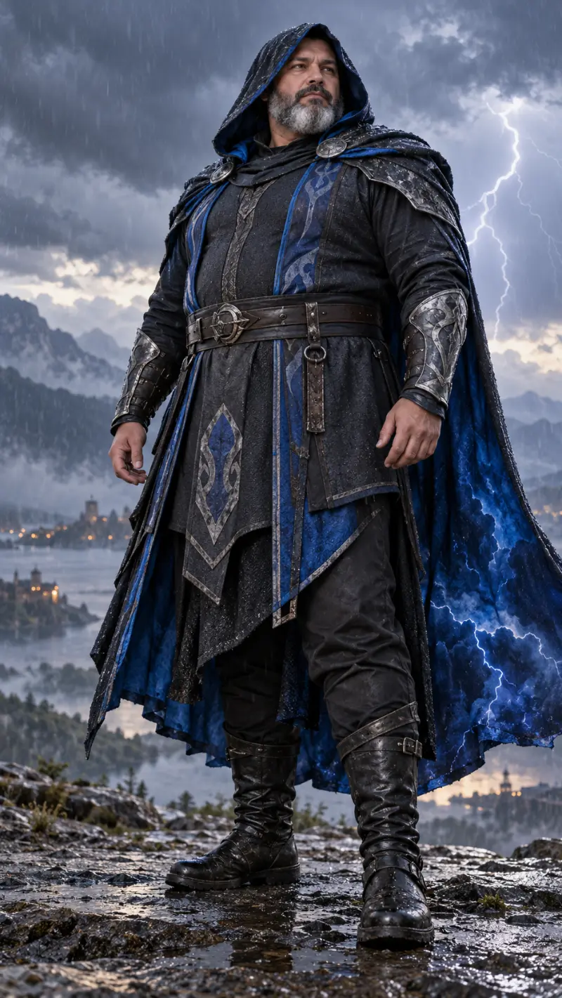 Hooded Black-and-Blue Storm Cape, Tunic & Tall Boots