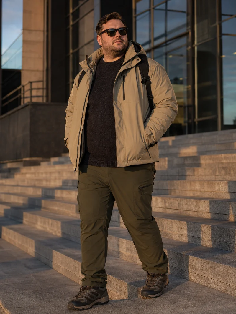 Hooded Parka Jacket, Textured Crewneck Sweater, Olive Cargo Pants, Sunglasses, and Hiking Shoes