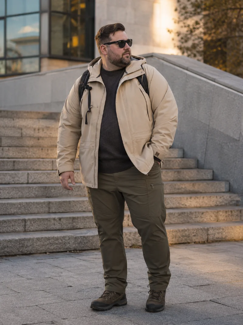 Hooded Parka Jacket, Waffle Knit Sweater, Cargo Pants, Sunglasses, and Hiking Shoes