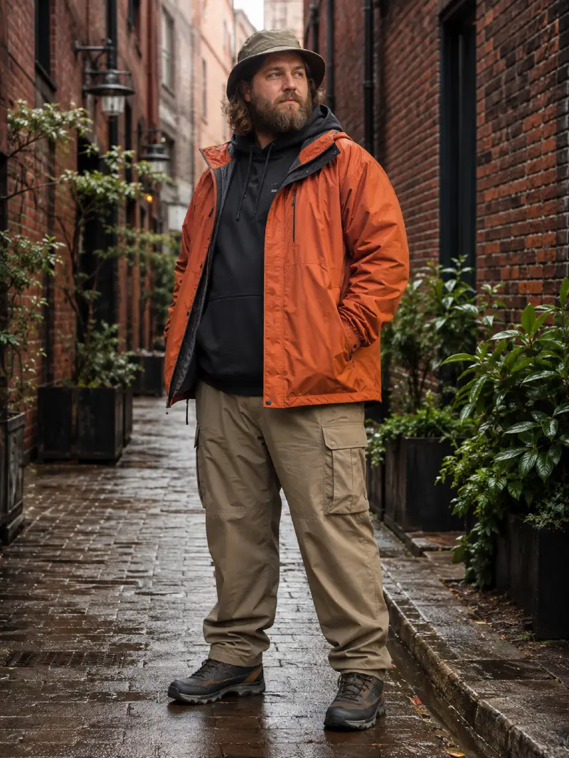 Hooded Rain Jacket, Black Hoodie, Khaki Cargo Pants, Bucket Hat, and Hiking Boots