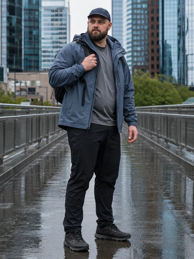 Hooded Rain Jacket, Grey T-Shirt, Black Technical Pants, Baseball Cap, Backpack, and Trail Shoes
