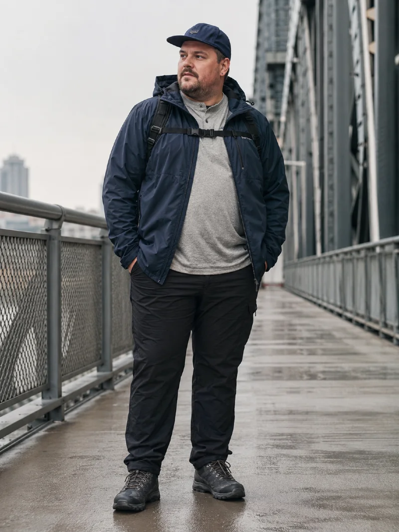 Hooded Rain Jacket, Henley Shirt, Cargo Pants, Baseball Cap, and Trail Shoes