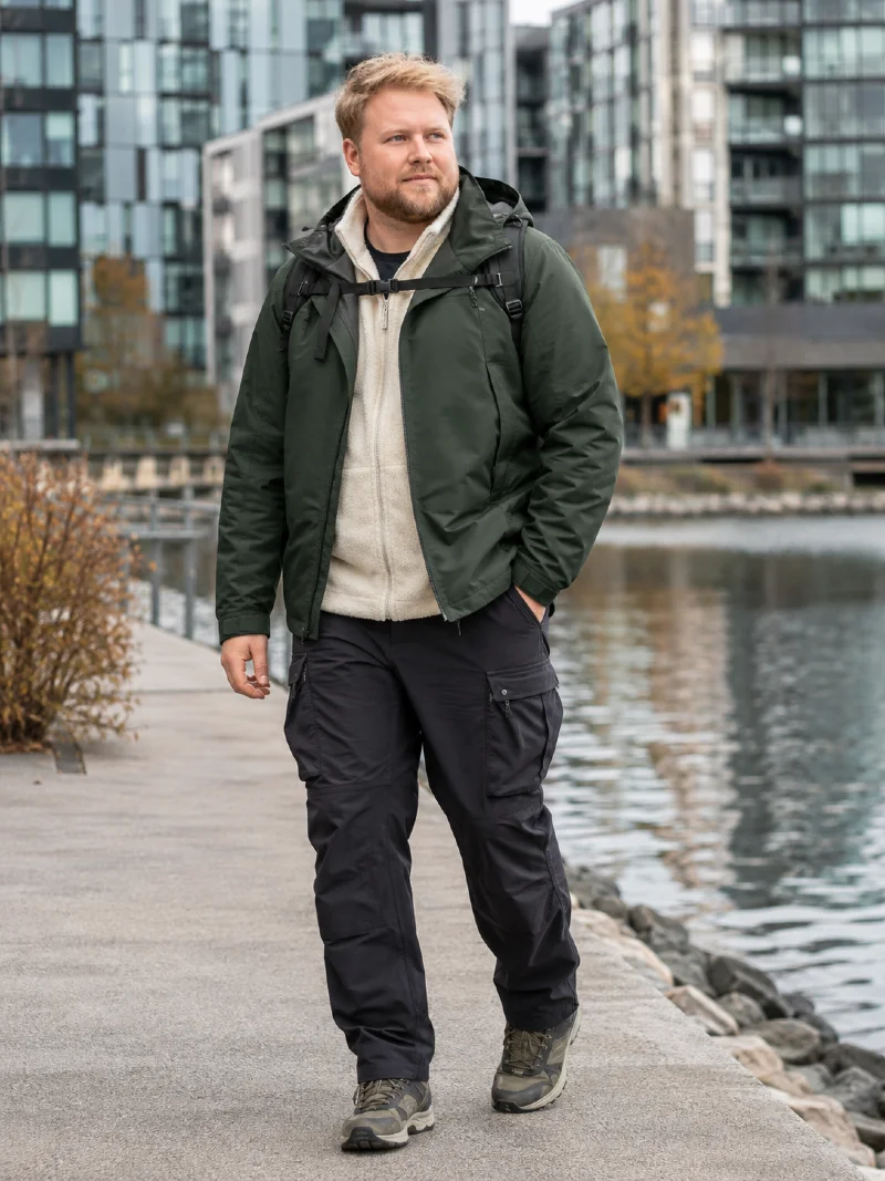 Hooded Shell Jacket, Full-Zip Fleece Jacket, Black Cargo Pants, Backpack, and Trail Shoes