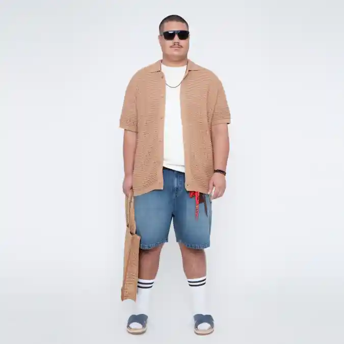 Knit Button-Up and Denim Shorts