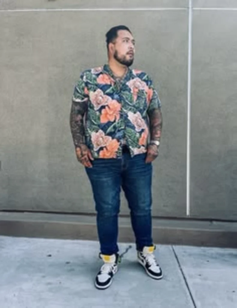 Large Scale Floral Shirt With Indigo Jeans