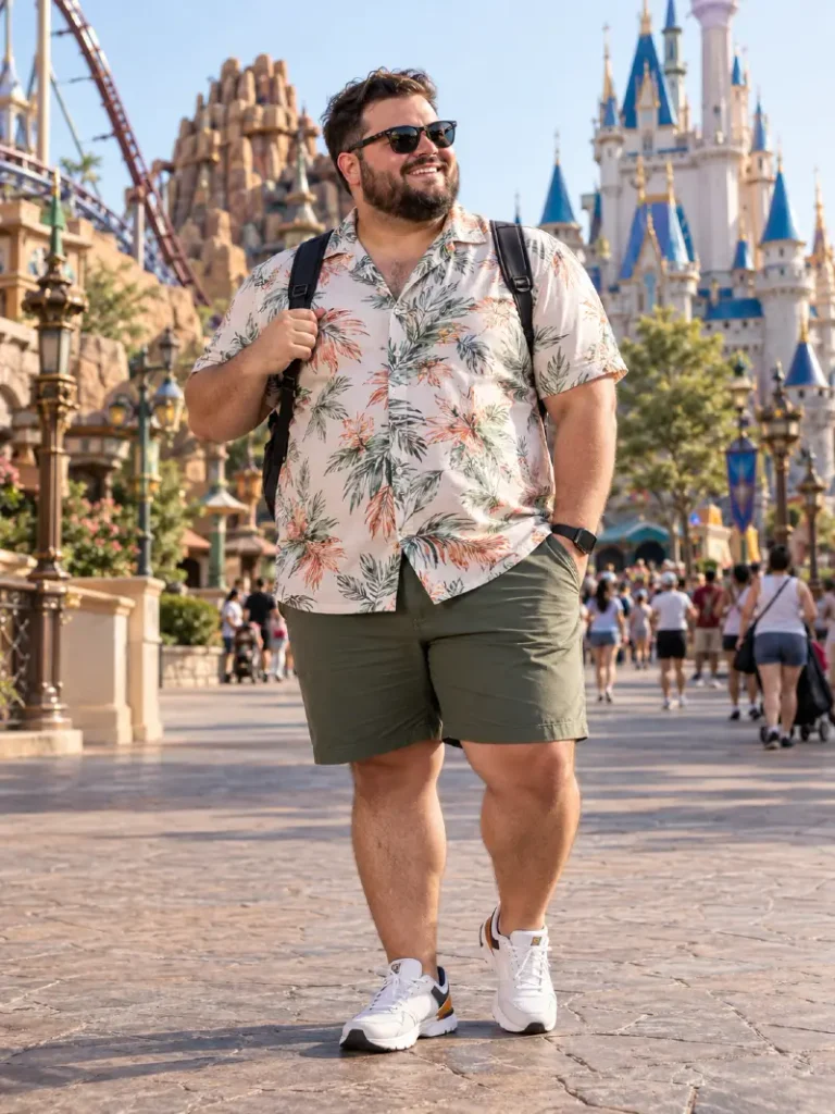 Large Size Park Casual Outfit with Print Shirt and Shorts