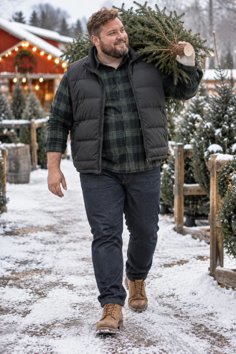 Layer Green Plaid With a Black Puffer Vest