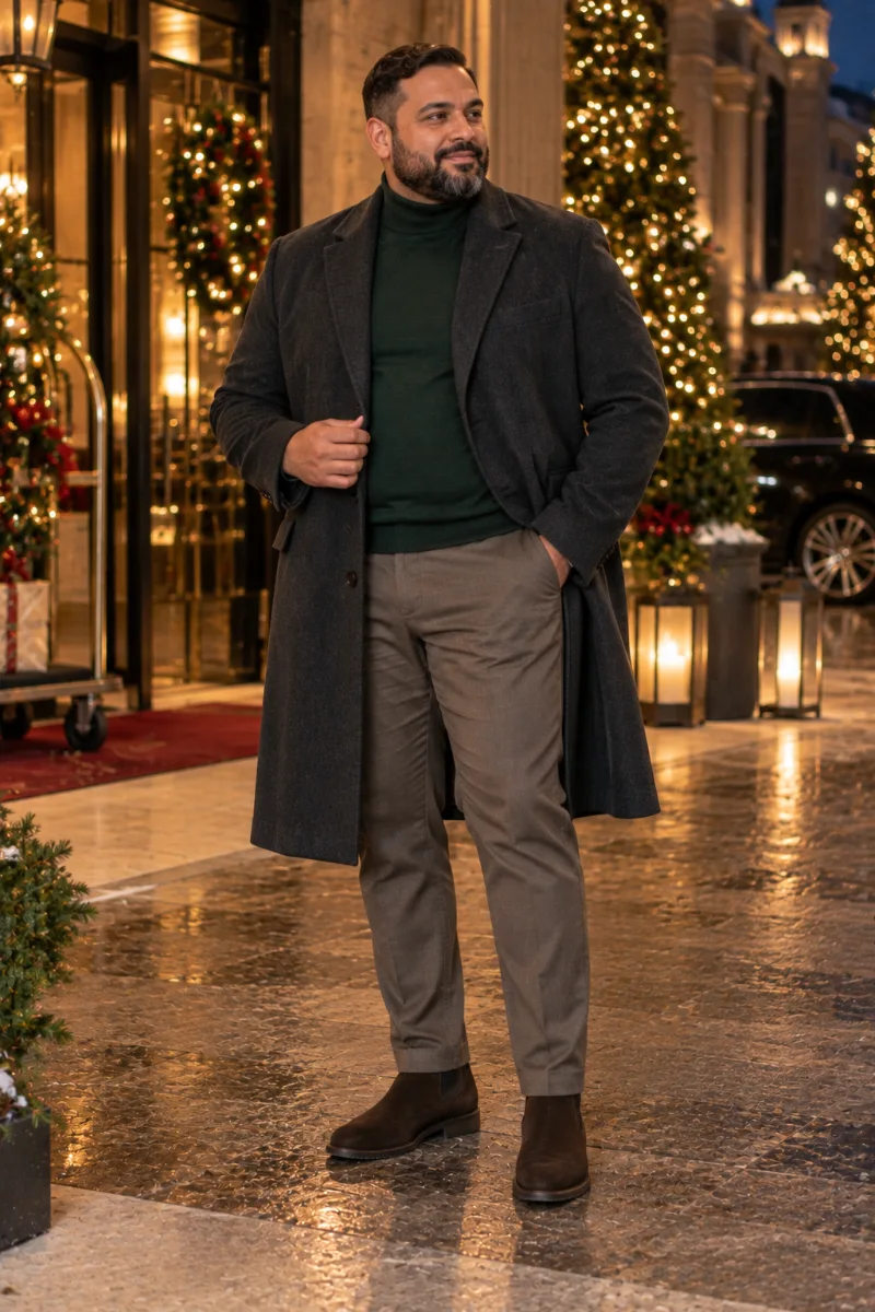 Layer a Green Turtleneck Under a Long Charcoal Coat