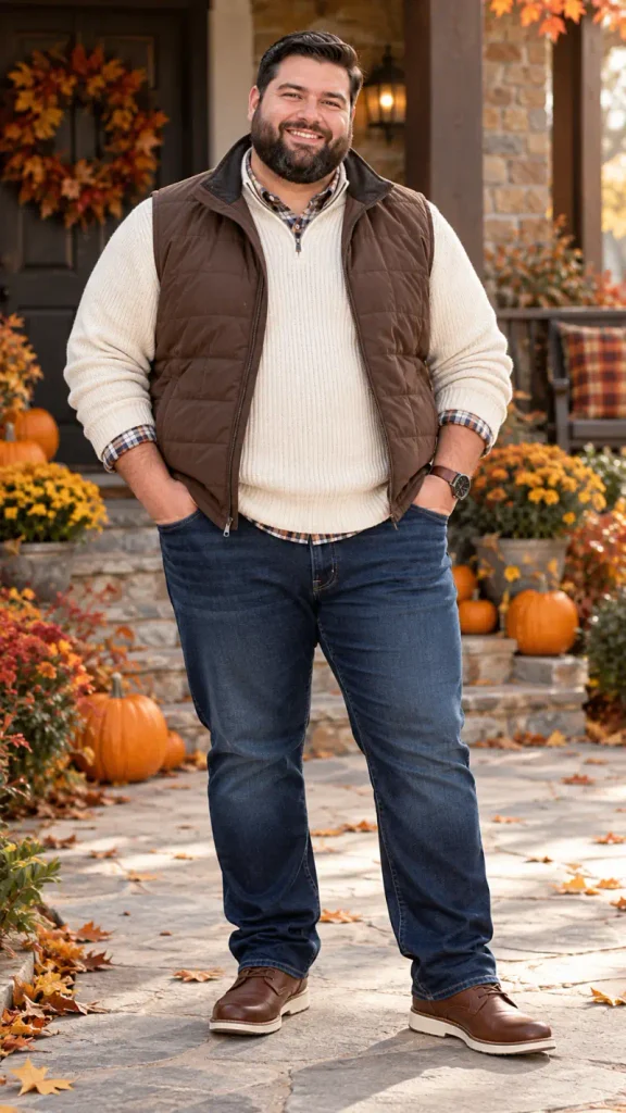 Layered Brown Vest And Cream Ribbed Sweater