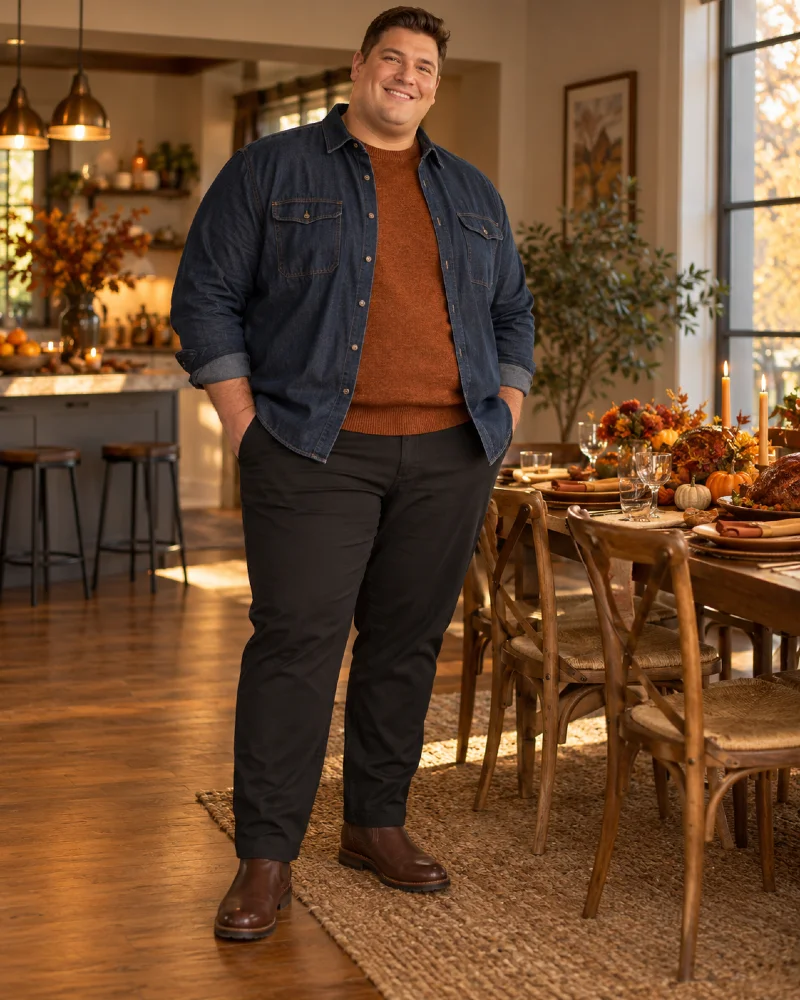 Layered Denim Overshirt and Rust Knit
