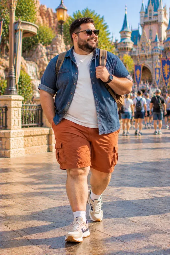 Layered Denim and Rust Cargo Shorts