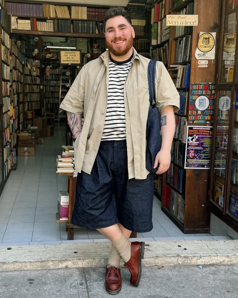 Layered Earth Tones and Wide Denim Shorts