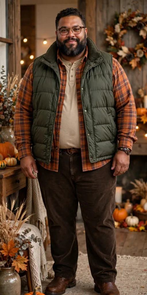 Layered Green Vest And Earthy Plaid