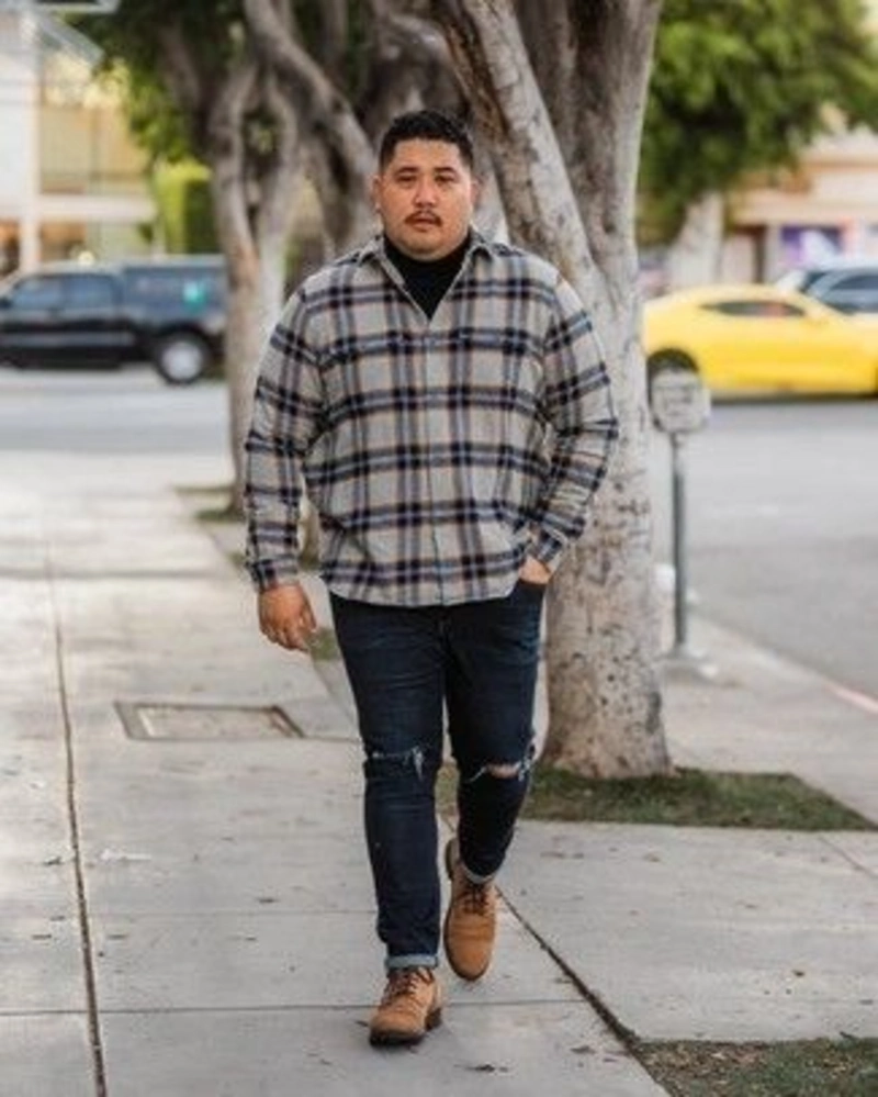 Layered Grey Plaid Flannel with Distressed Denim
