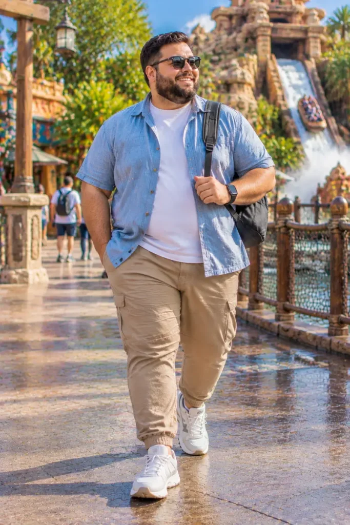 Layered Light Blue Chambray and Tan Cargo Joggers
