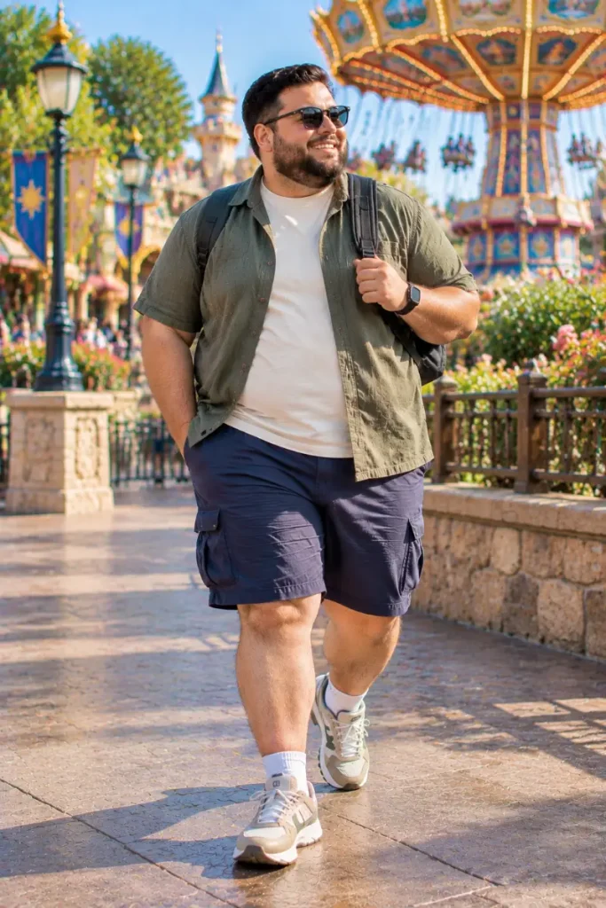 Layered Olive Shirt and Navy Cargo Shorts