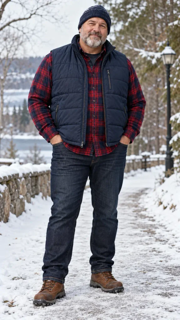 Layered Plaid Flannel and Navy Quilted Vest