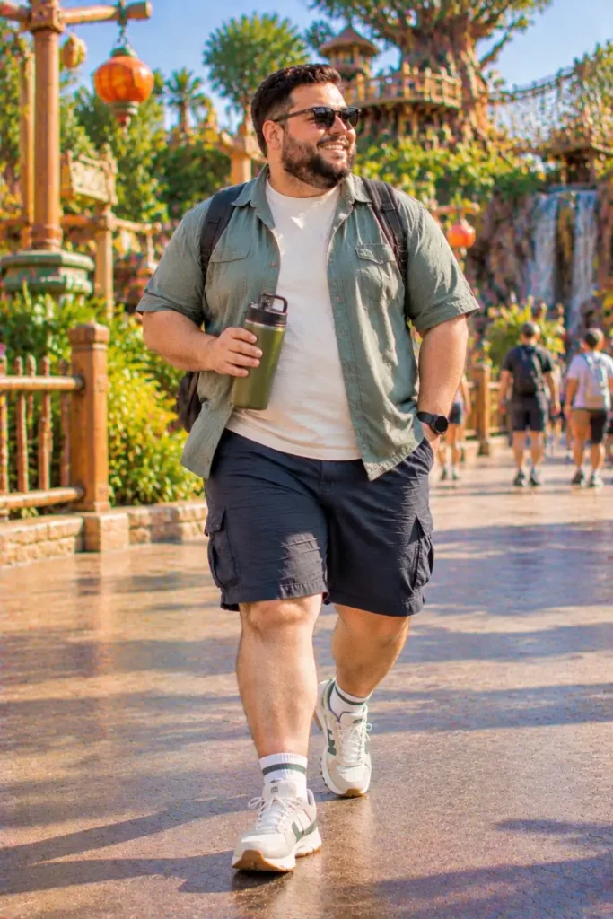 Layered Sage Shirt and Navy Cargo Shorts
