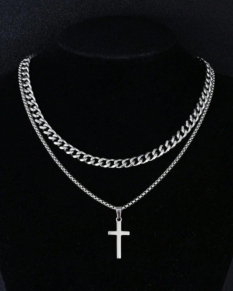 Layered Silver Cuban and Box Chain with Cross Pendant