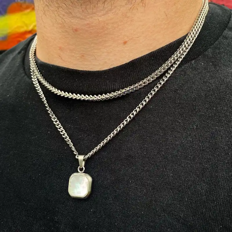 Layered Silver Franco and Curb Chain with Mother of Pearl Pendant