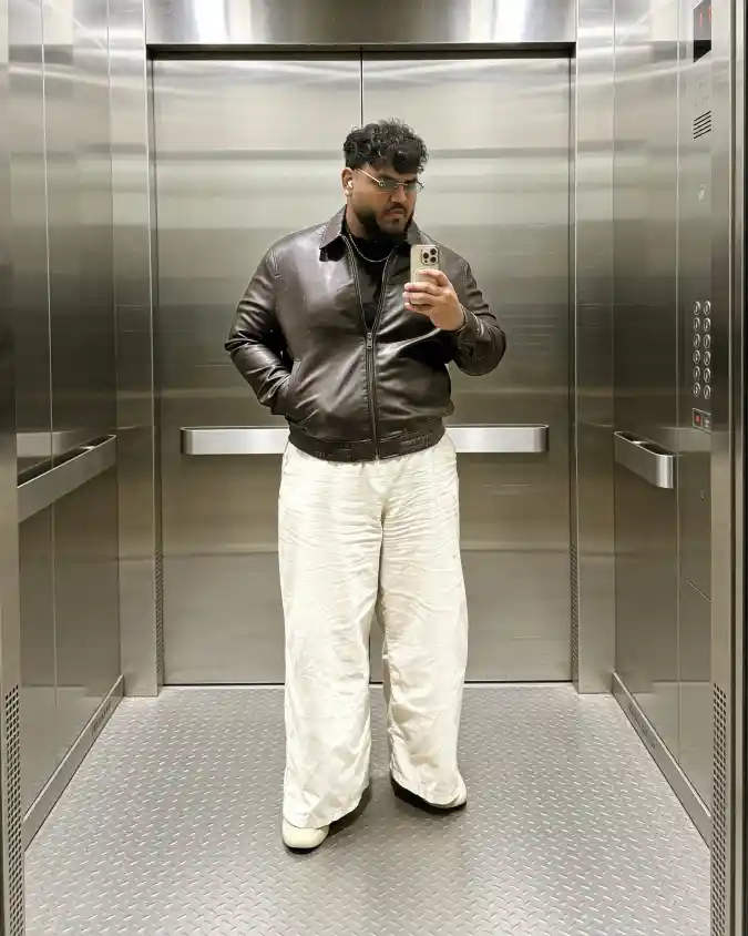 Leather Bomber and Wide-Leg Trousers